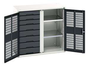 verso ventilated door kitted cupboard with 2 shelves, 8 drawers & partition. WxDxH: 1050x550x1000mm. RAL 7035/5010 or selected Bott Verso Ventilated door Tool Cupboards Cupboard with shelves